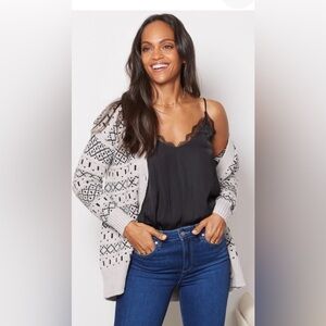 Evereve Sweater Size XL Womens Fair Isle Tunic Cardigan Gray Black Button